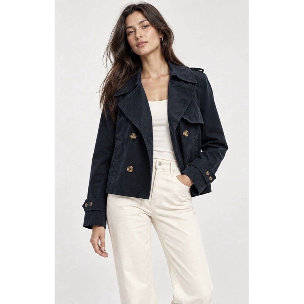 Bagatelle Collection New York Navy Cropped Trench Jacket Double Breasted